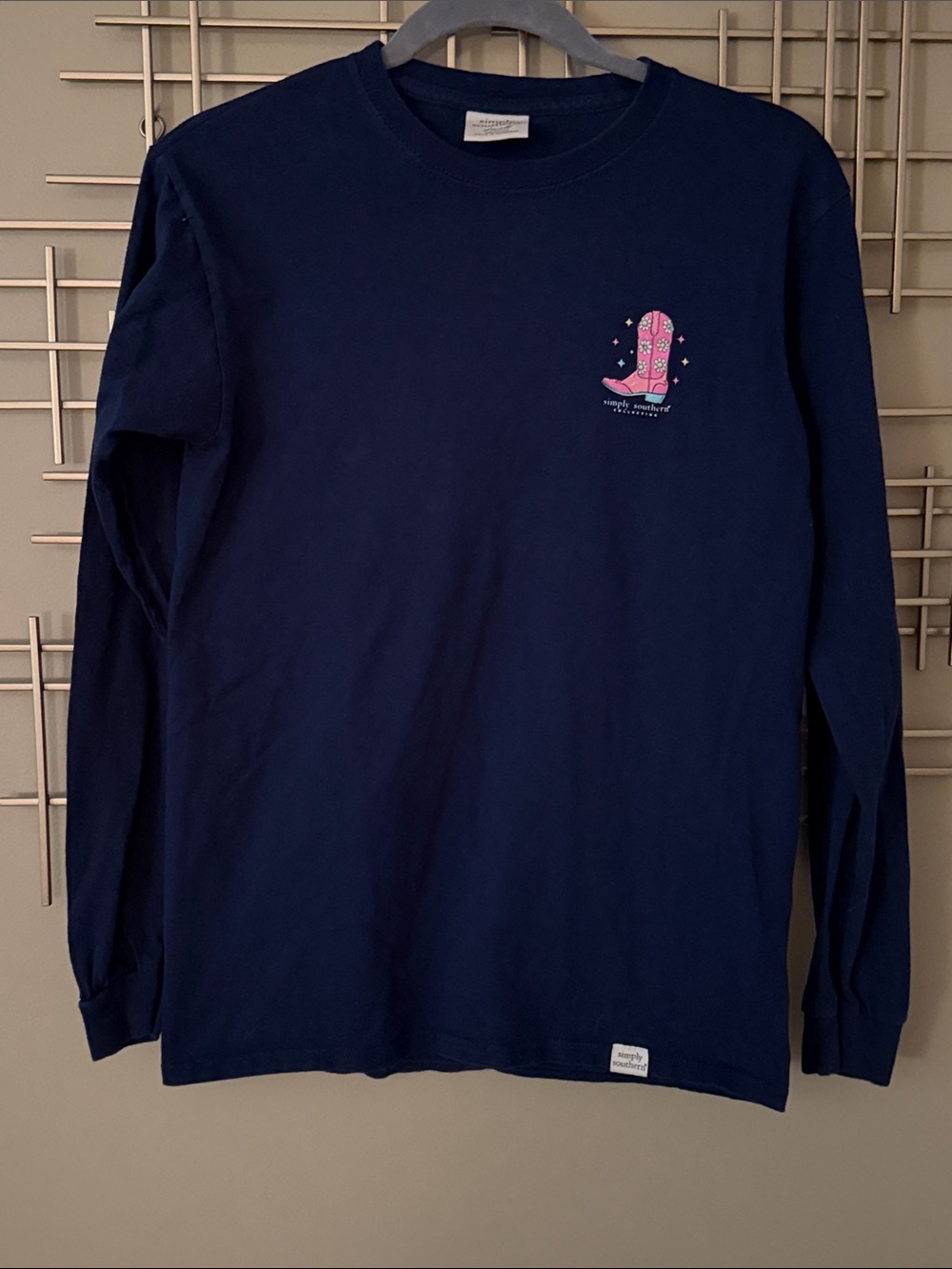 Simply Southern Navy Long Sleeve Tee with Pink Cowboy Boot